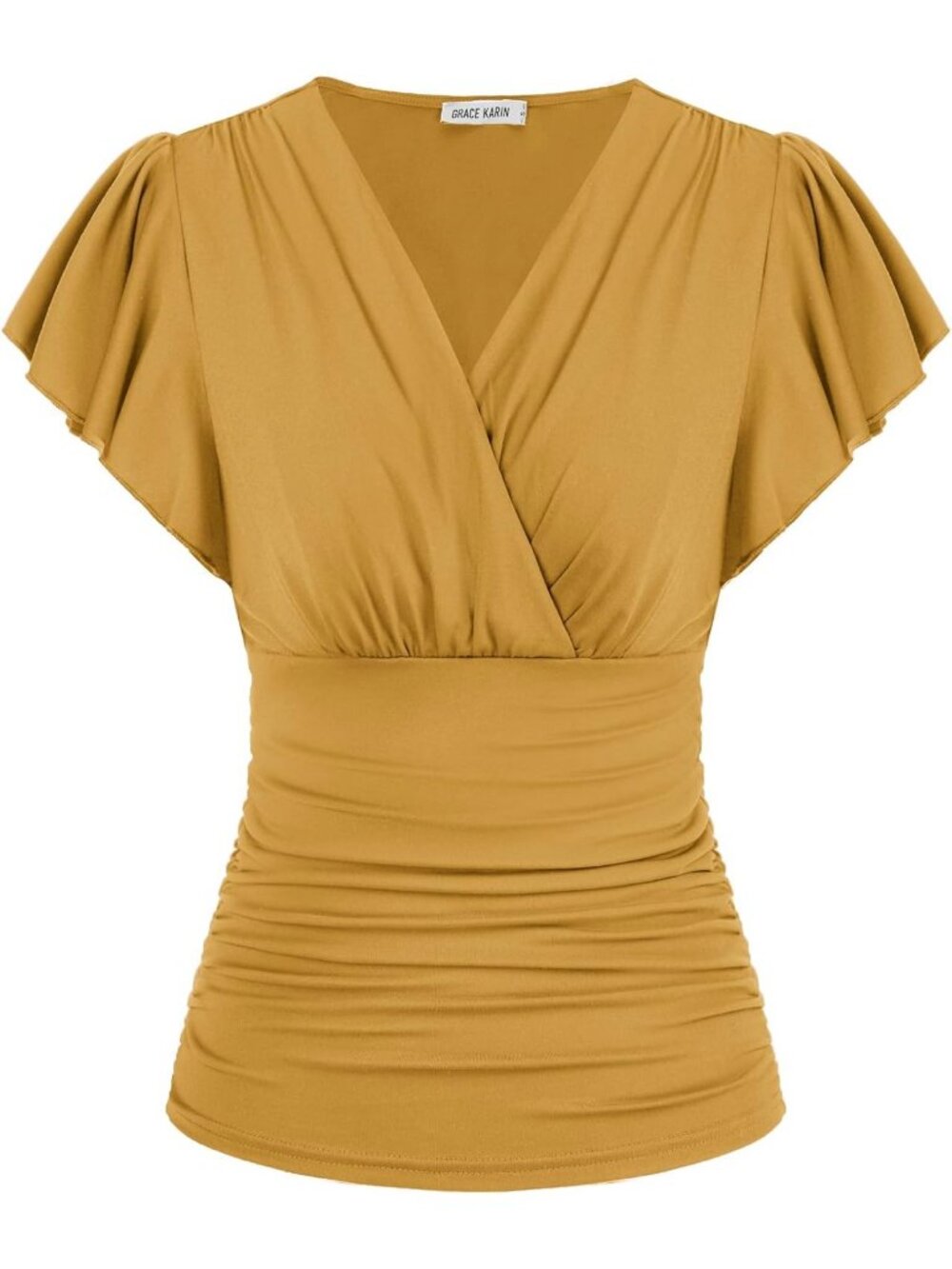 Women's T Shirt Mustard Yellow V Neck Casual Wrap Blouse Ruffle Sleeve Ruched